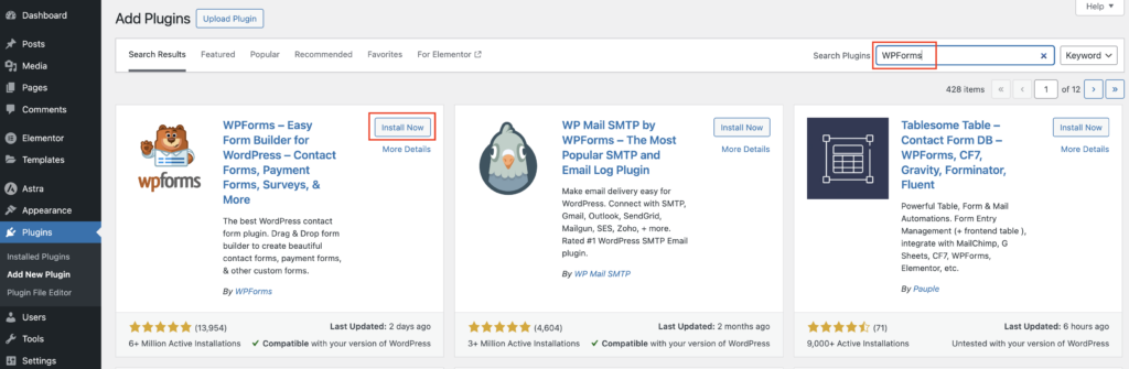 WordPress Add New Plugin Search for WPForms